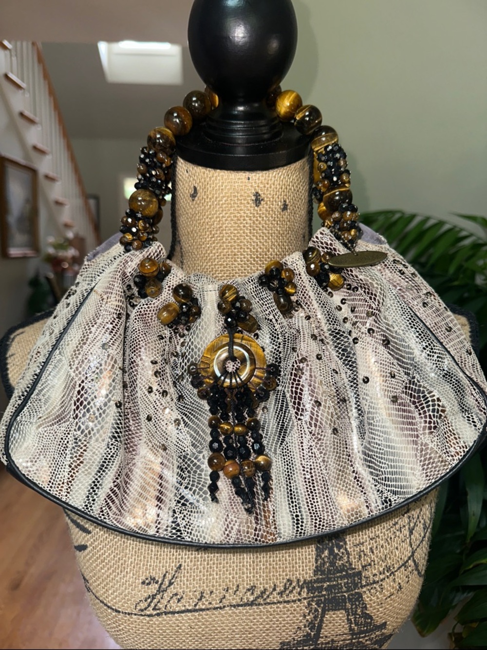 Mary Frances Tiger eye and snake skin Beaded Lace Statement Clutch EUC